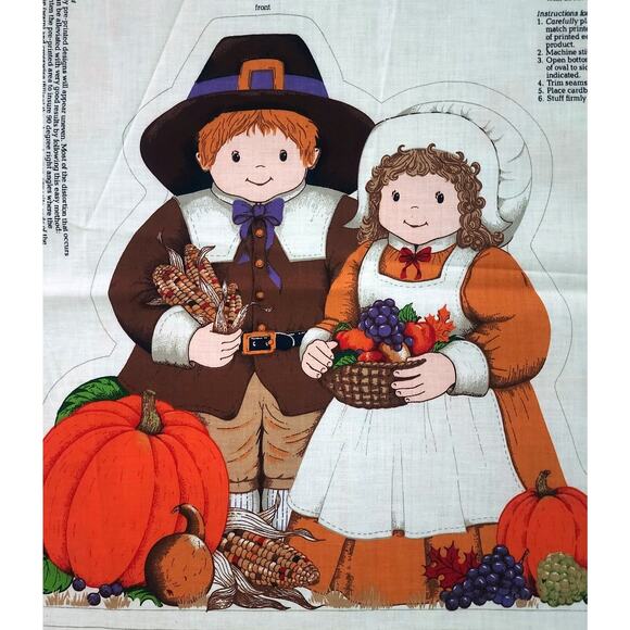 VTG Little Pilgrims Thanksgiving Table Centerpiece Pillow Craft Sewing Fabric - Picture 2 of 11